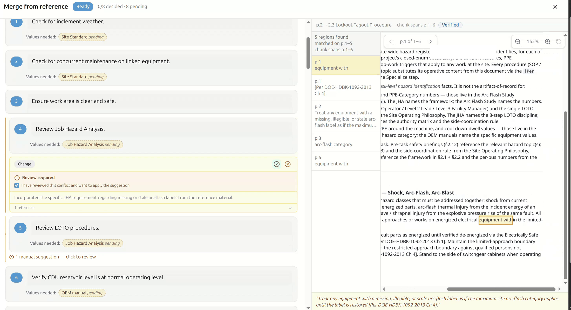 A suggested procedure change with its cited source passage shown for review before acceptance