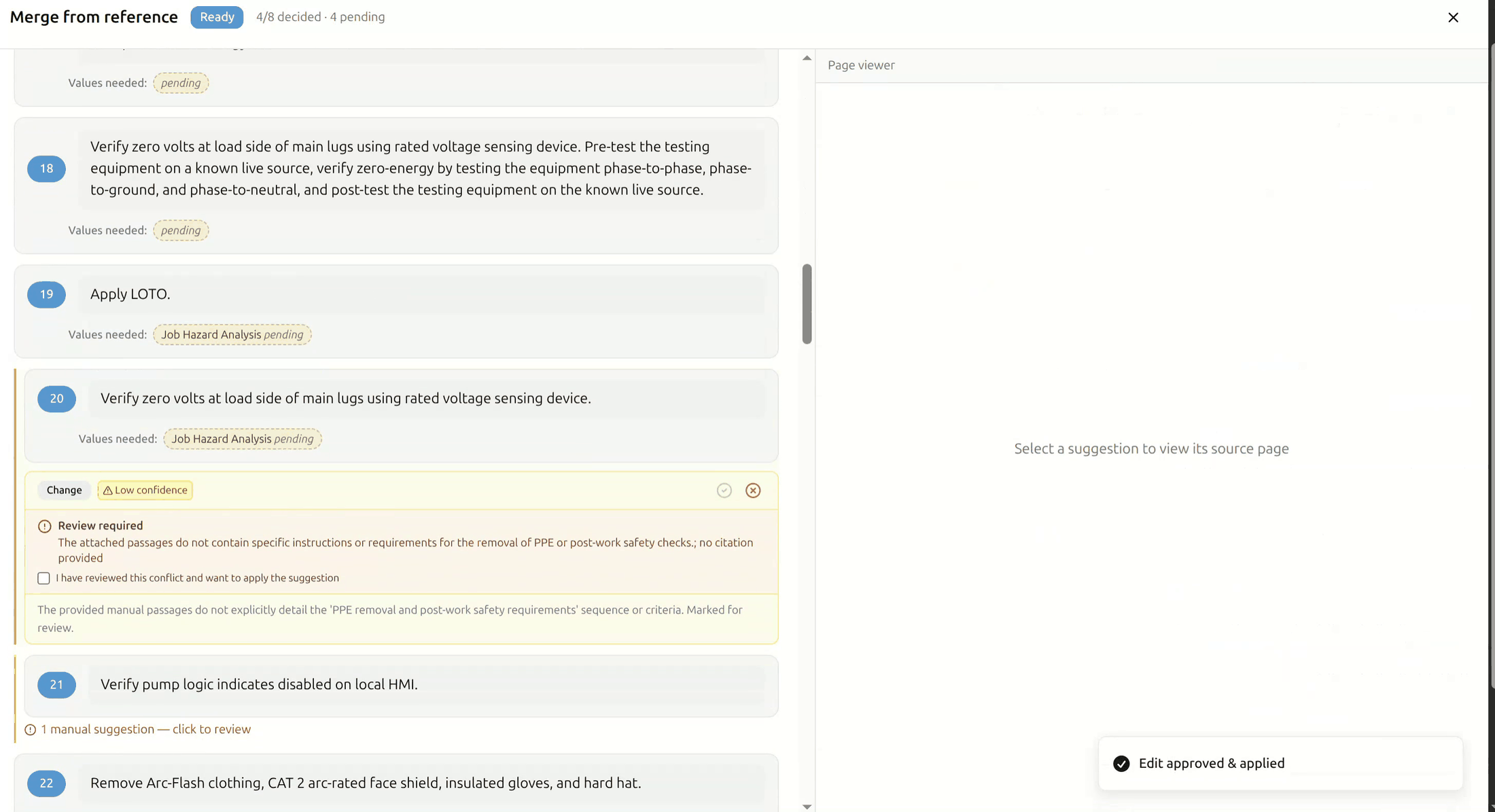 A low-confidence suggestion flagged for review with no citation, ready to reject