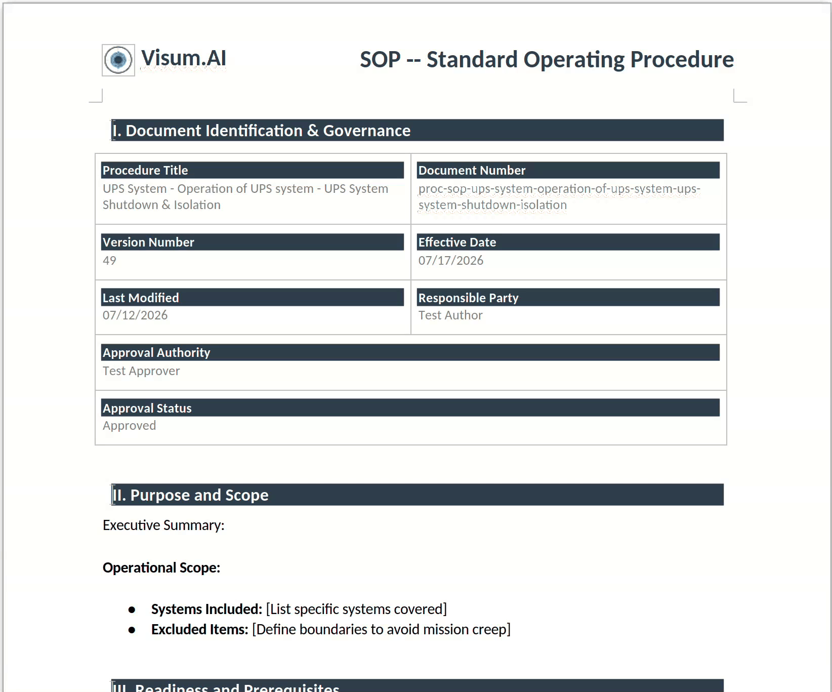 An exported procedure's governance table showing document version, status, and reviewer identity