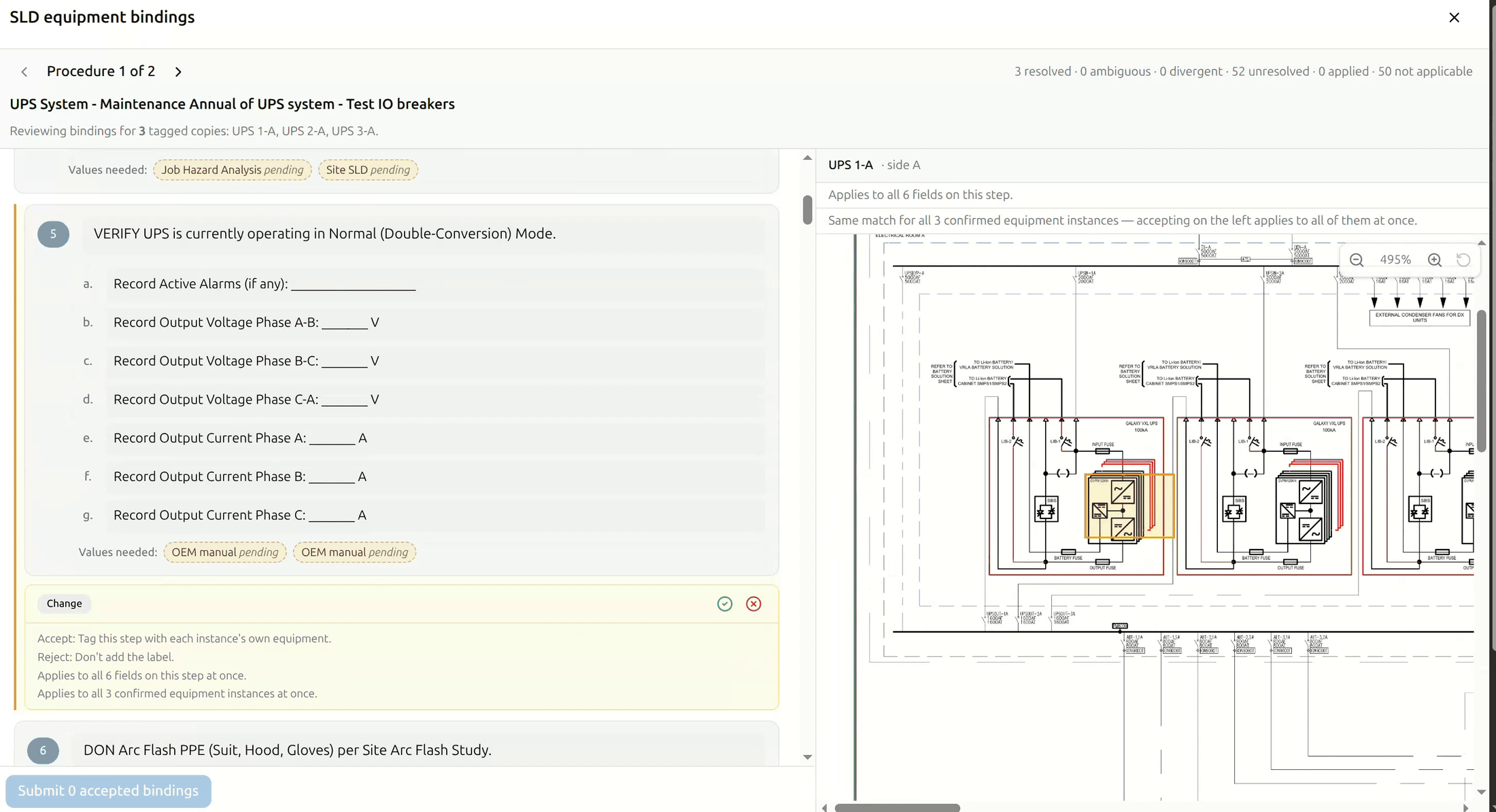 Reviewing equipment bindings against a single-line diagram, with a running resolved and applied count